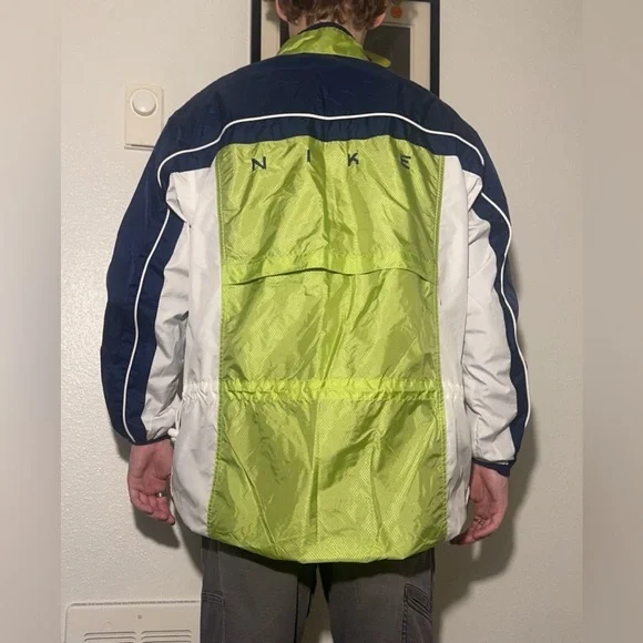 Vintage Nike Men's Colorblock Windbreaker Jacket in Lime Green, Navy & White - Picture 2 of 2